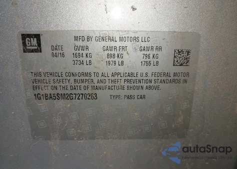 2016 Chevrolet Cruze L Manual из США, поврежденный, VIN 1G1BA5SM2G7270263